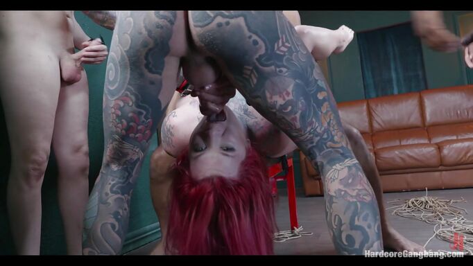 Four Meaty Cocks And A Busty Redhead Four Meaty Cocks And A Busty Redhead