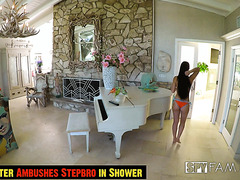 Aroused Slim Brunette Hottie Creeps Up On Her Step Bro In The Shower & Gets Hold Of His Huge Dick